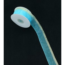 1.5 Inch Turquoise Blue/Gold Pull Bow Ribbon With 4 Rows of Gold Stripe Accents, 1.5 Inch x 25 Yards (Lot of 1 Spool) SALE ITEM